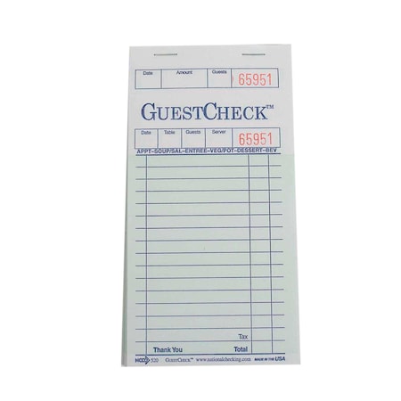 NATIONAL CHECKING 3.5"x6.75" 1 Part Green 19 Line Guest Check 50 Checks, PK50 520-50